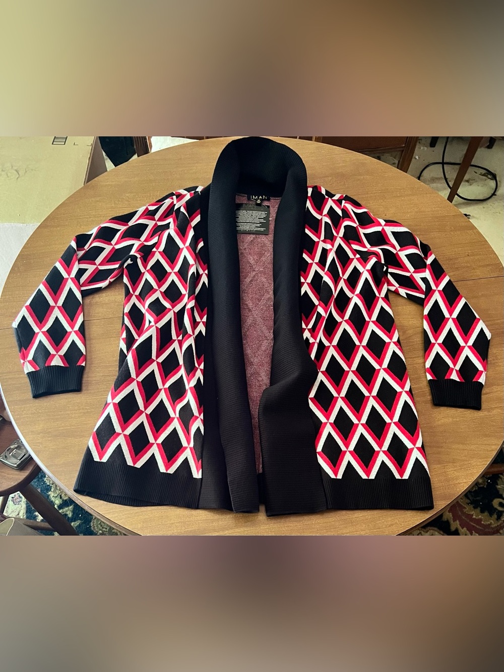 NWT IMAN Open-Front Geometric Knit Jacket - Black,Red & White